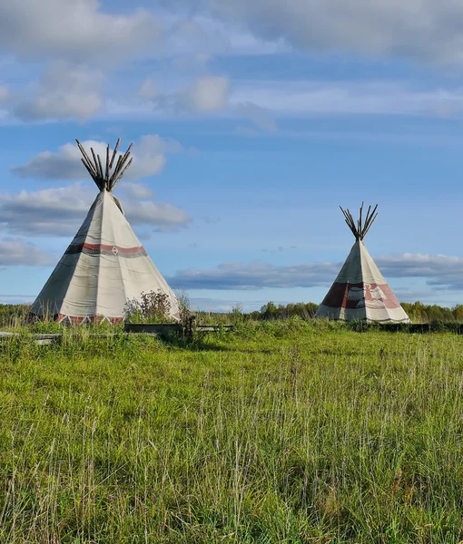 Two wigwams on a grass against the sky Royalty Free Stock Photos