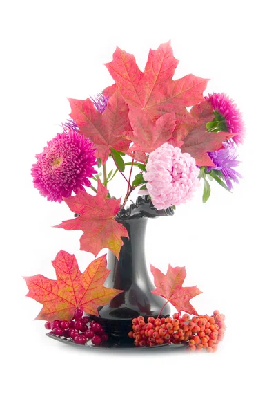 Red maple leaves in black vase — Stock Photo, Image