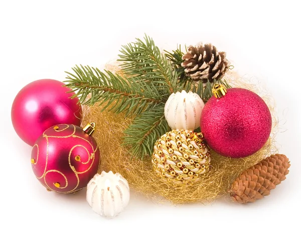 Gold tinsel with New Year's spheres — Stock Photo, Image