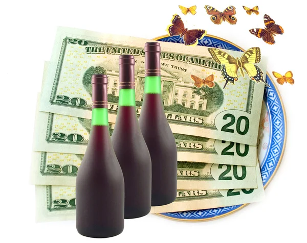 Papillons voler dollars et le vin Images De Stock Libres De Droits
