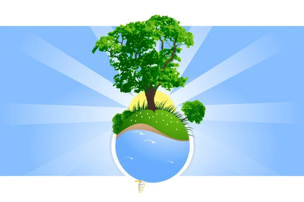 Αφηρημένη πράσινο πλανήτη με χόρτο δέντρα και εικονογράφηση φορέας ιστιοσανίδα — Διανυσματικό Αρχείο