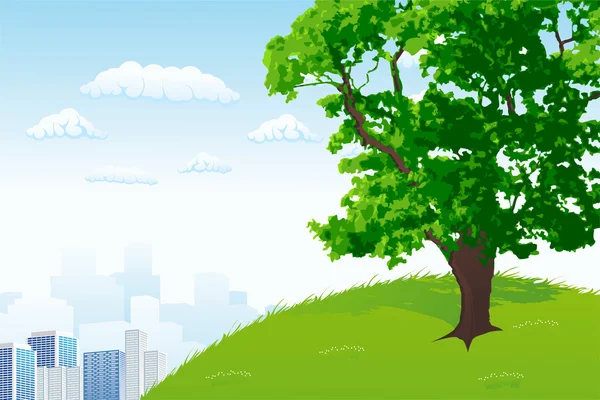 Δέντρο με πανοραμική θέα της πόλης — Διανυσματικό Αρχείο