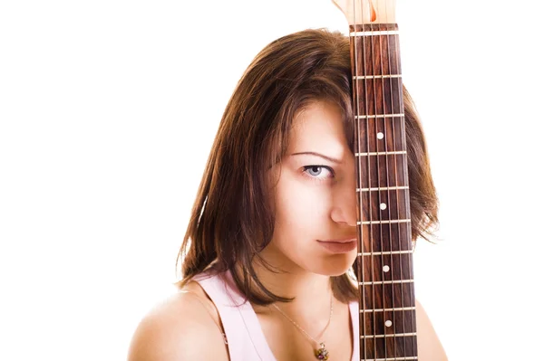 Beautiful woman with guitar - isolated o — Stock Photo, Image