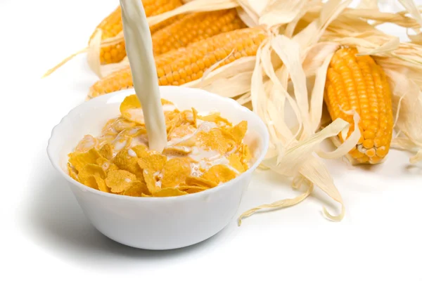 Corn flakes served with fresh milk — Stock Photo, Image