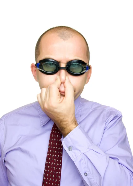 Funny businessman with swimming goggles — Stock Photo, Image