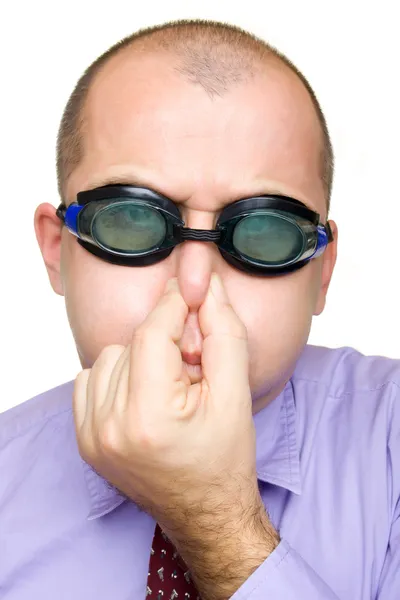 Funny businessman with swimming goggles — Stock Photo, Image