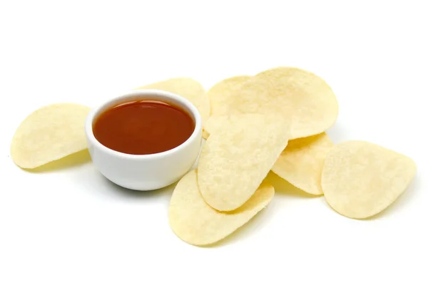 Potato chips and salsa dip — Stock Photo, Image