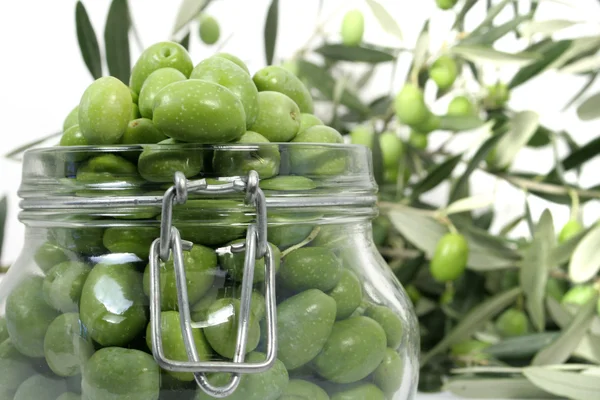 Bir kavanoz içinde taze yeşil zeytin — Stockfoto
