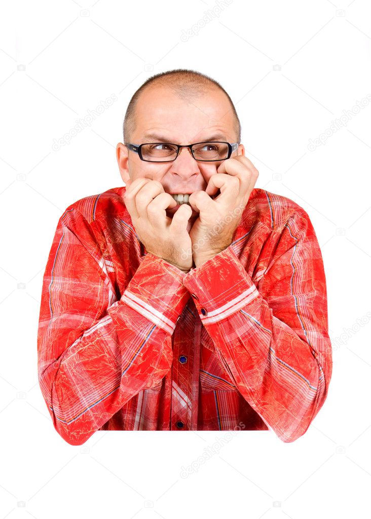 Anxious man isolated on white