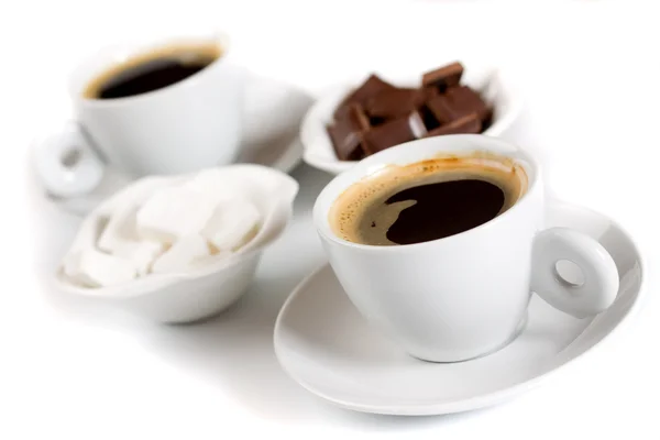 Black coffee with sugar and chocolate — Stock Photo, Image