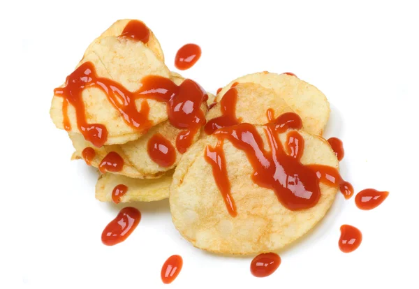Potato chips with ketchup isolated on wh — Stock Photo, Image