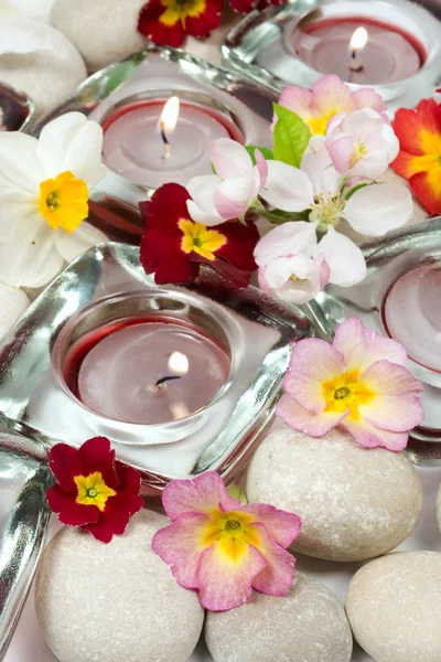 鲜花、 蜡烛和石头 — 图库照片