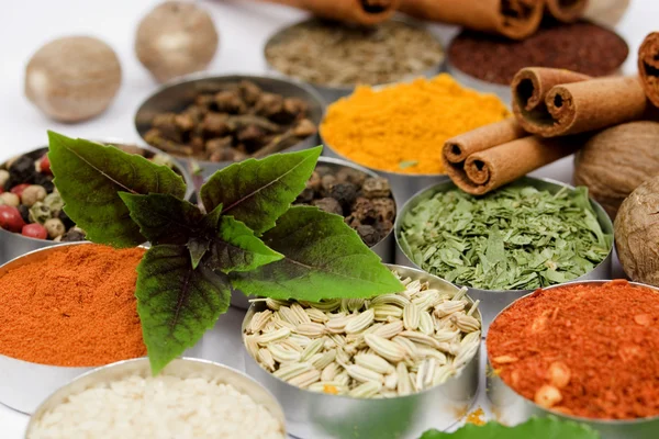 Basil leafs over assortment of spices — Stock Photo, Image