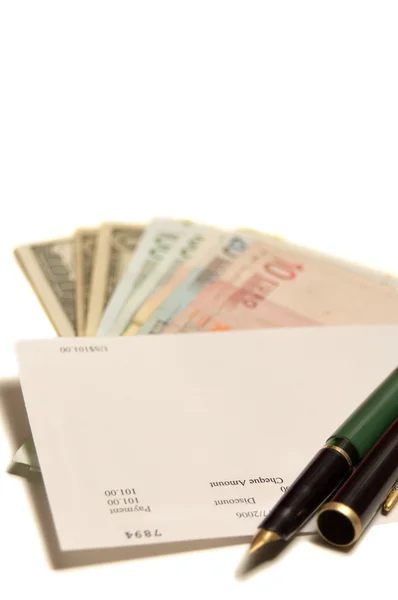 Cheque, geld, pen — Stockfoto