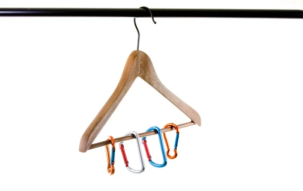Climbing carabiners on hanger — Stock Photo, Image