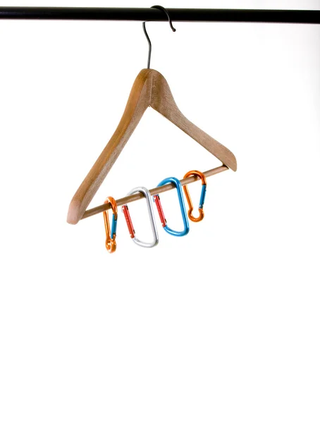 Climbing carabiners on hanger — Stock Photo, Image