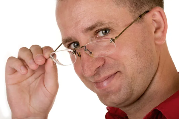 Homem segurando óculos — Fotografia de Stock