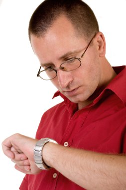 Worried man looking at watch clipart