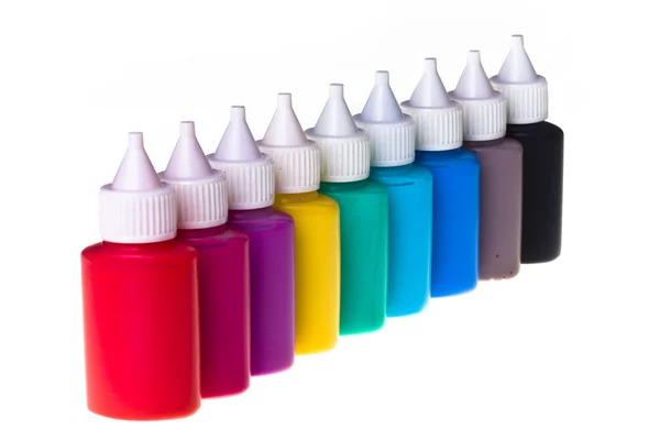 Jars stand with paint in number — Stock Photo, Image