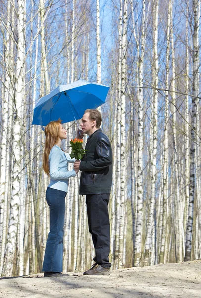 stock image Man gives girl bouquet under umbrella