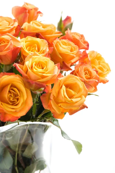 Оранжевые розы в стеклянной вазе — стоковое фото