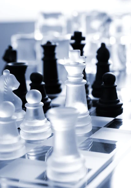 Chess, transparent and black pieces — Stock Photo, Image