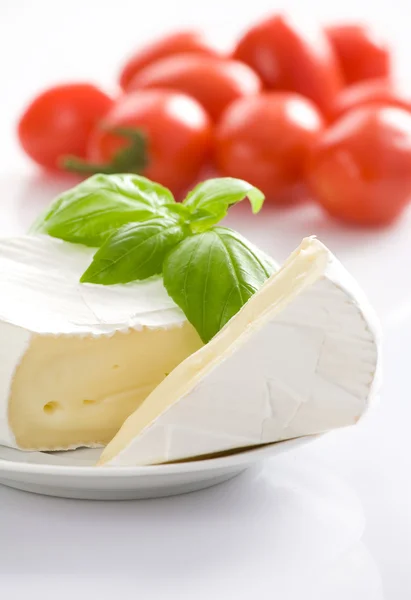 White cheese with basil leaves — Stock Photo, Image