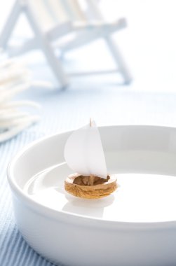 Boat made of walnut shell. Light blue a clipart