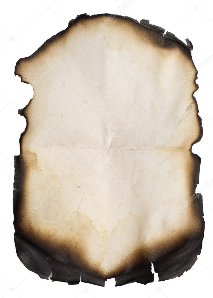 Burnt old paper on white