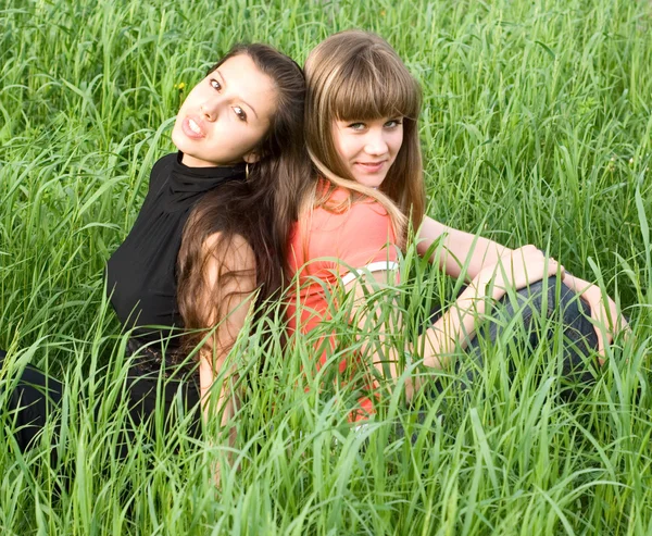 Девушки в зеленой траве — стоковое фото