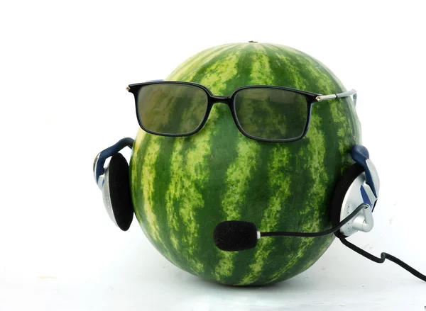 Head-like watermelon in headphone — Stock Photo, Image