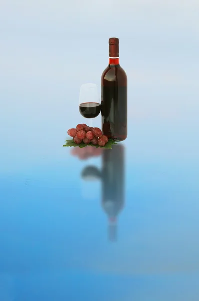 Fles wijn en een glas met druiven — Stockfoto