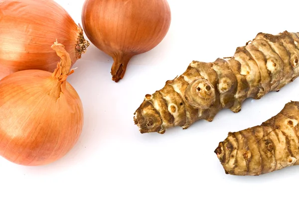 Jerusalem artichoke and onions — Stock Photo, Image