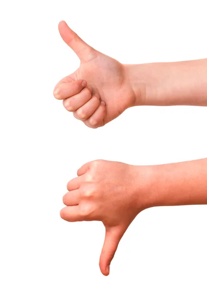 Mãos mostrando polegar para cima e polegar para baixo — Fotografia de Stock