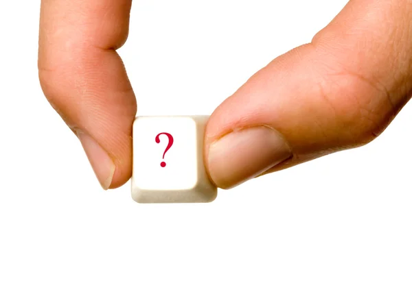 Sinal de pergunta em um botão que significa ajuda — Fotografia de Stock