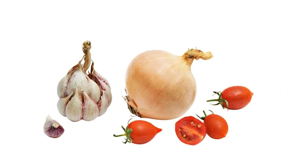 Tomatoes, onion, and garlic — Stock Photo, Image