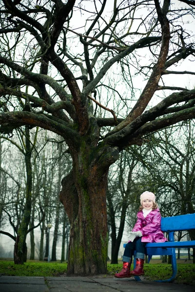 Гир сидит на скамейке у дерева. — стоковое фото