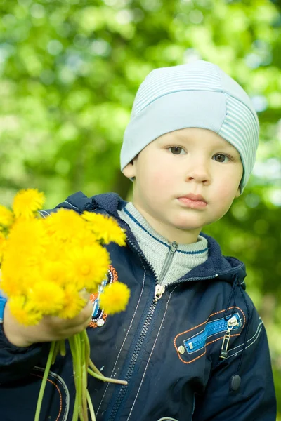Boy holding a bouquet of dandelions — Stock Photo, Image