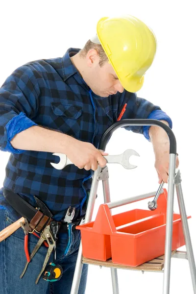 Trabalhador e caixa de ferramentas — Fotografia de Stock