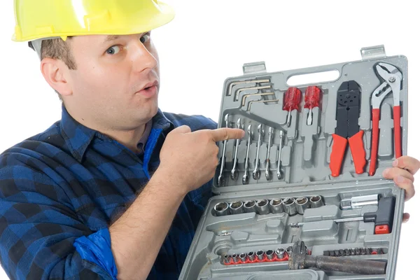 Handyman e caixa de ferramentas — Fotografia de Stock