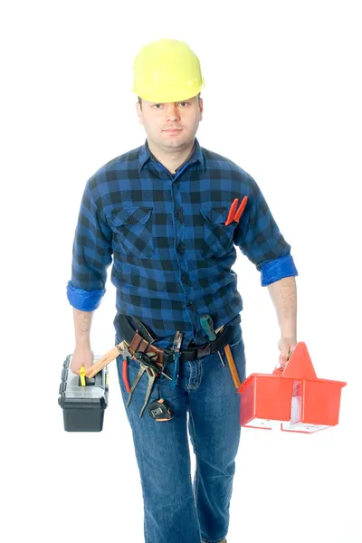 Trabalhador e caixas de ferramentas — Fotografia de Stock