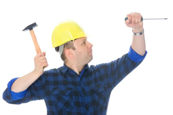 Trabalhador, chave de fenda e martelo — Fotografia de Stock