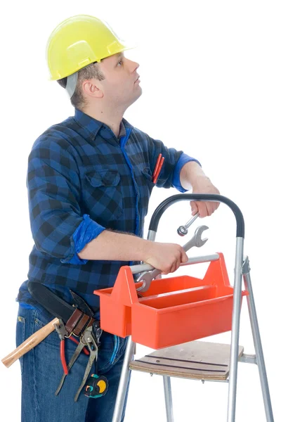 Trabalhador e caixa de ferramentas — Fotografia de Stock