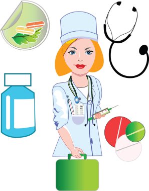 A doctor with medical icons clipart