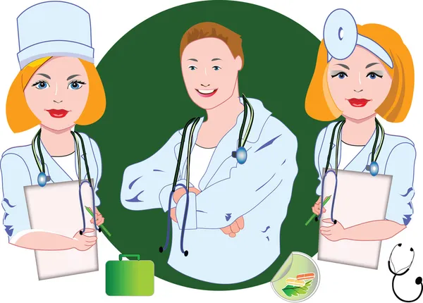 3 doctors with medical icons — Stock Vector