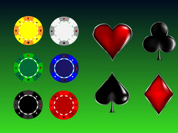 Póker kártya jelek és kaszinó zseton — Stock Vector