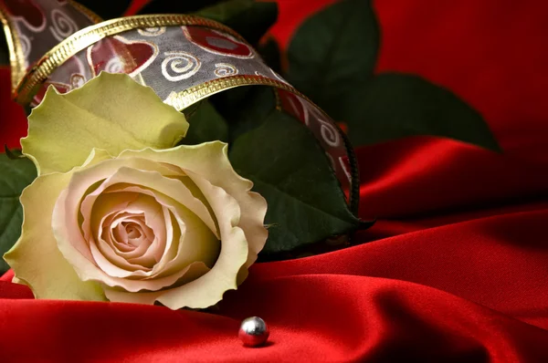 白玫瑰和红缎情人节的礼物 — 图库照片