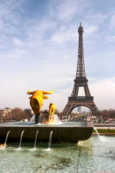Eiffelova věž a fontána (Francie) — Stock fotografie