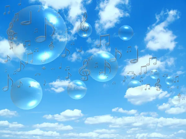 Müzik notlar ve güneşli gökyüzü üzerinde kabarcıklar — Stok fotoğraf