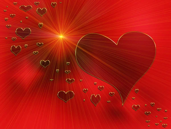 Promienie miłości, serca czerwone i złote promienie — Zdjęcie stockowe